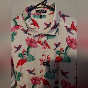 Bad Birdie Men's XL Golf Polo Shirt White Flamingo Flock With Me Short Sleeve